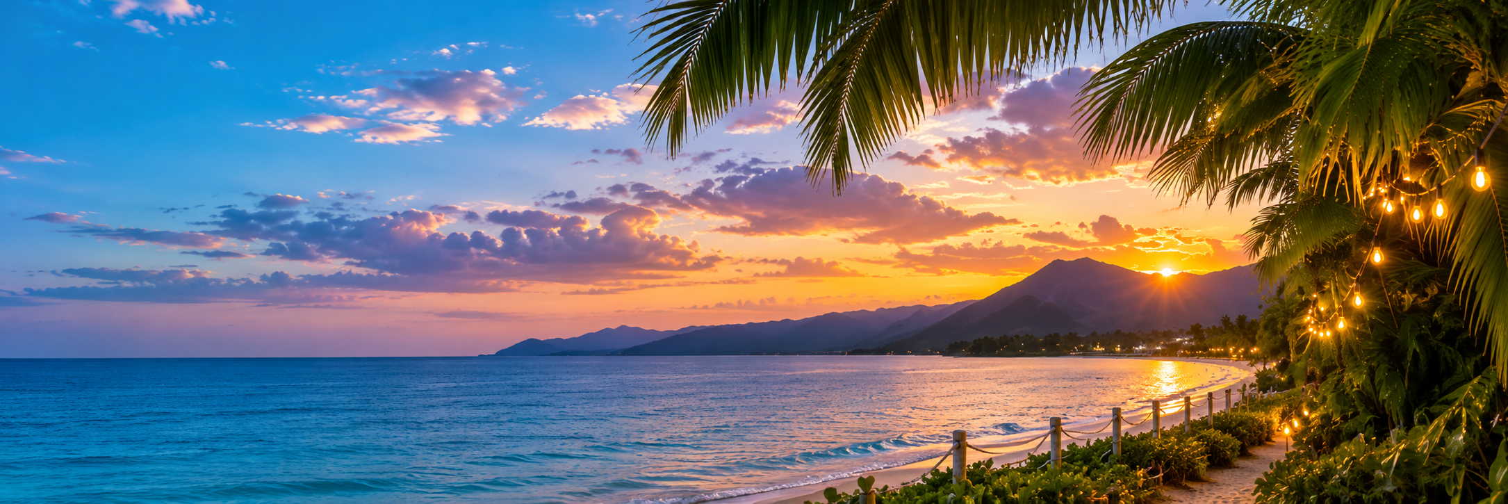 Tropical beach sunset in Cairns with palm trees and string lights